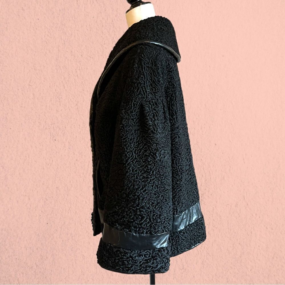 Vintage 1960s Hudson Bay black Persian lamb wool coat leather accents - Picture 3 of 16